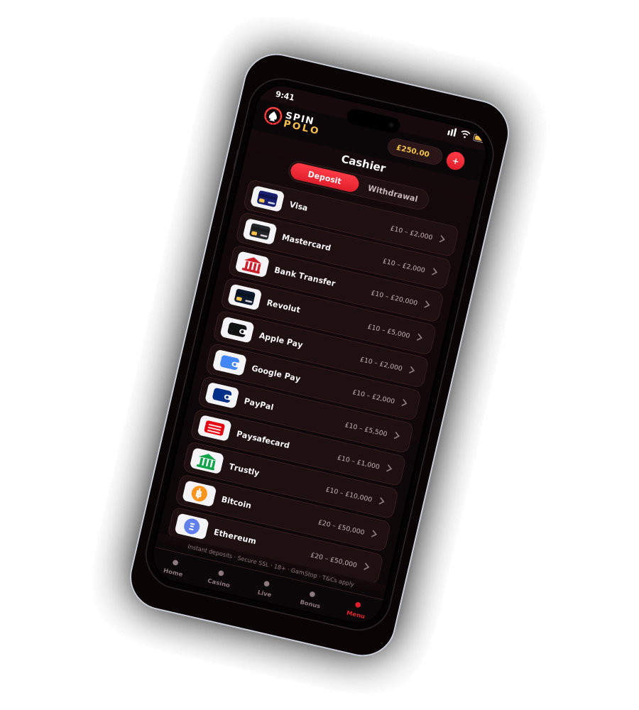Spin Polo Casino banking screen on mobile (EN)