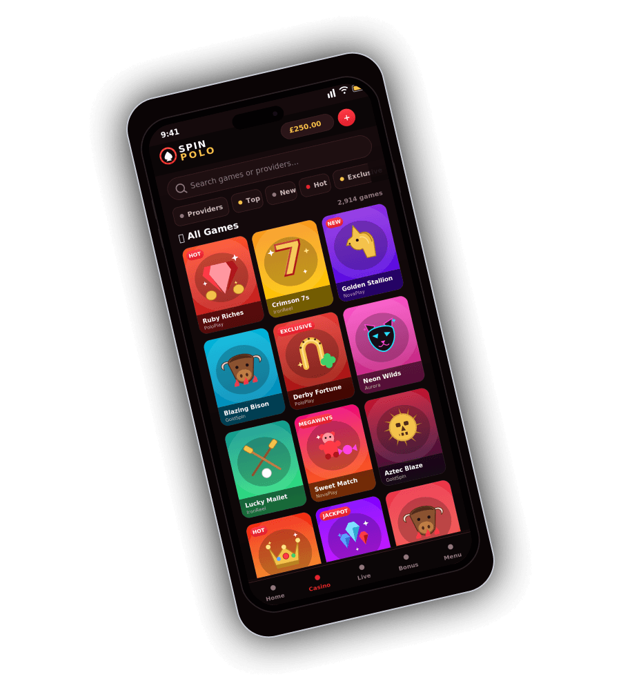 Spin Polo Casino mobile All Games grid on iPhone showing Ruby Riches, Crimson 7s and Neon Wilds