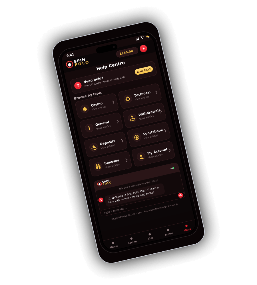 Spin Polo Casino mobile Help Centre with Live Chat button, topic tiles and secure chat window