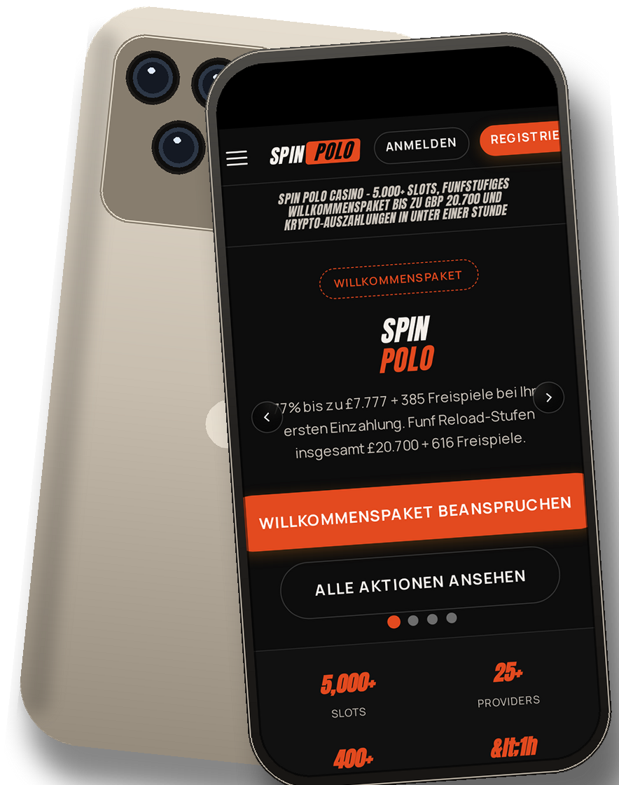 Spin Polo Casino mobile Lobby auf dem iPhone mit Willkommensbonus-Banner und Hot-Slots-Grid