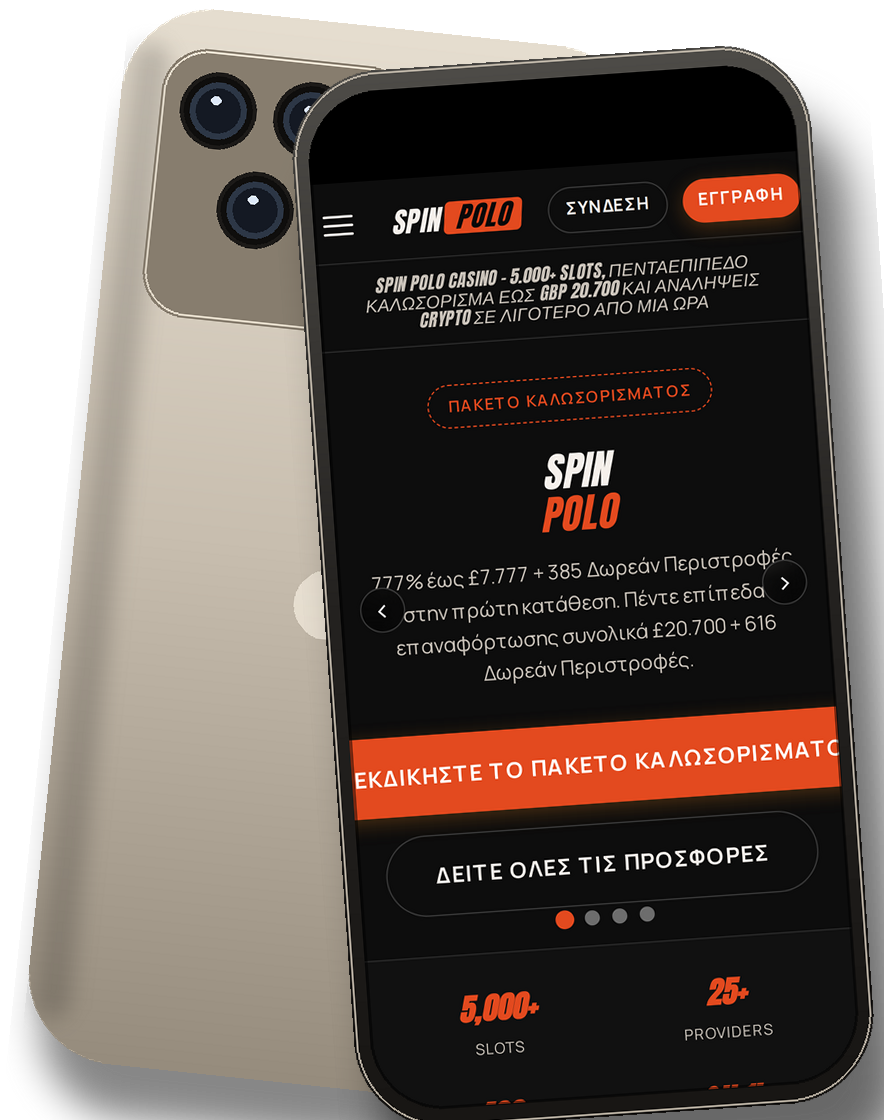Spin Polo Casino mobile lobby σε iPhone με banner καλωσορίσματος και δημοφιλή slots