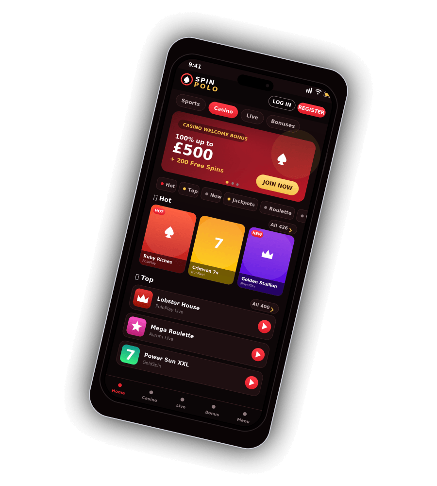 Spin Polo Casino mobile lobby on iPhone showing welcome bonus banner and hot slots grid