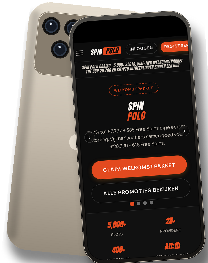 Spin Polo Casino mobiele lobby op iPhone met welkomstbonusbanner en hot slots-raster