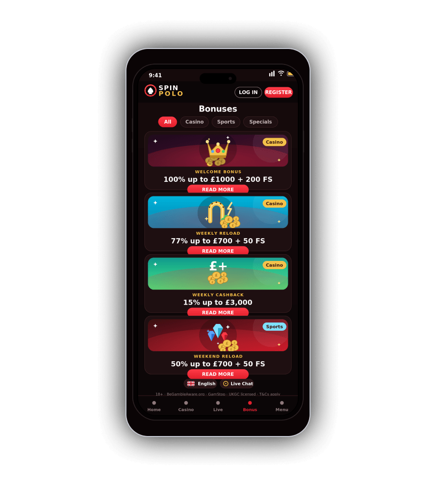 Spin Polo Casino promotions screen on mobile (EN)
