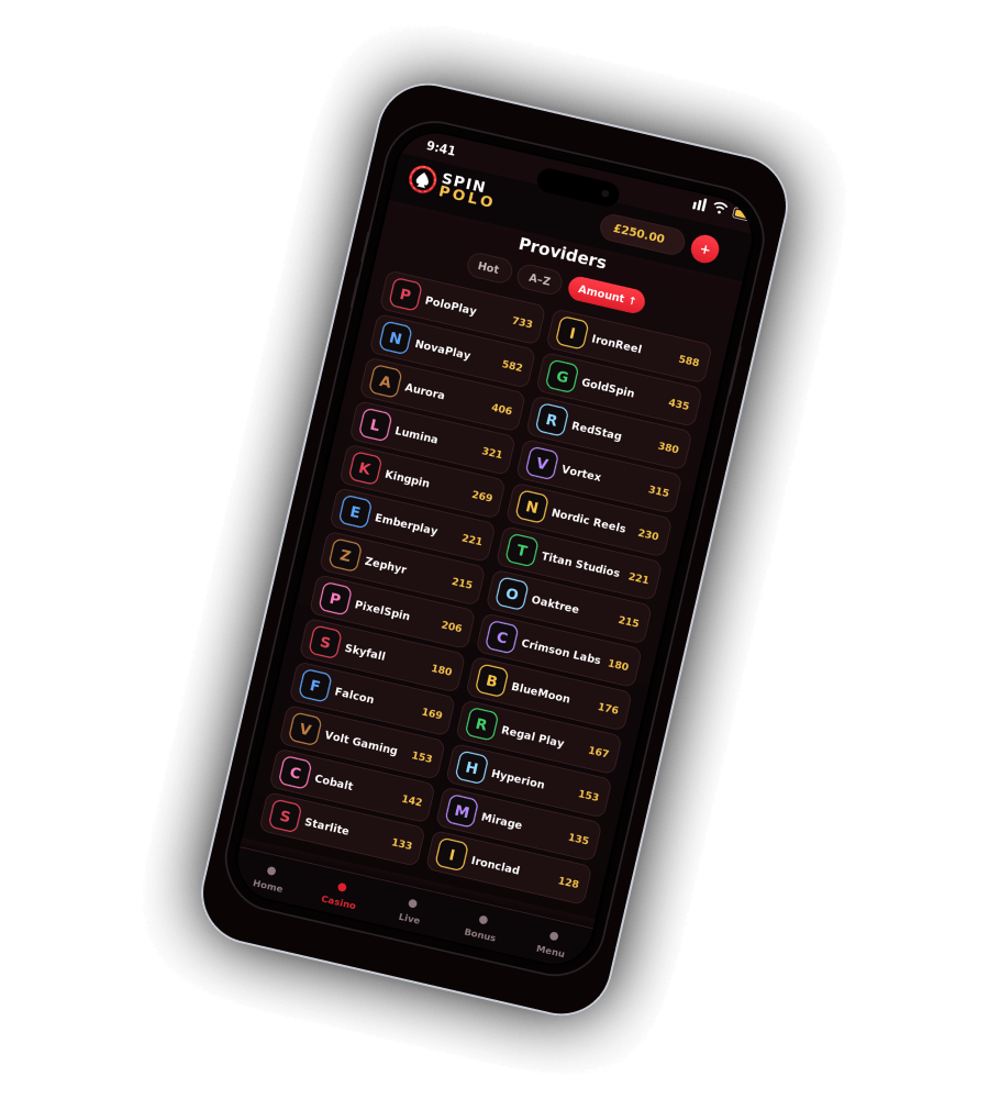 Spin Polo Casino mobile Providers list on iPhone showing 1x2 Gaming, 3 Oaks Gaming, 4ThePlayer, Amatic Direct and more